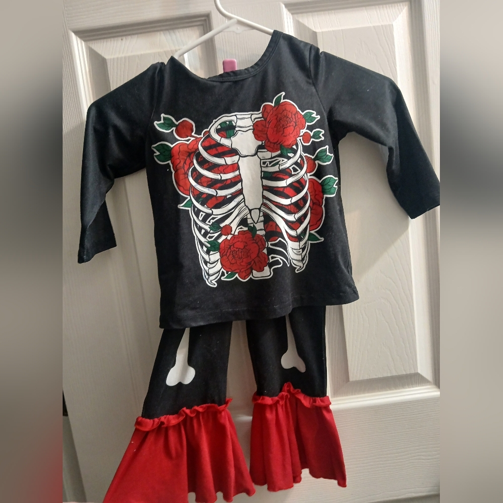 Kids Skeleton Outfit with Red Ruffle Sleeve And Ankle Design
